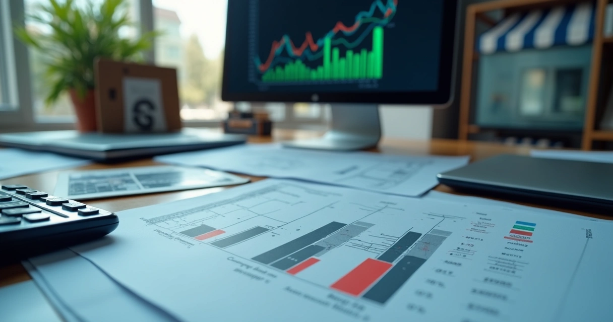 A indústria e a loja estão conectadas por gráficos tributários e notas fiscais; calculadora e papéis sobre a mesa 