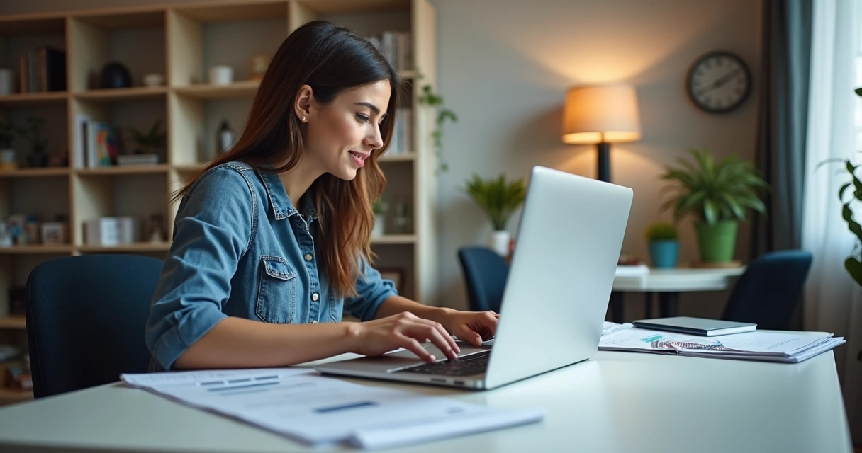 Pessoa calculando impostos sobre rendimentos em dólar com notebook e documentos