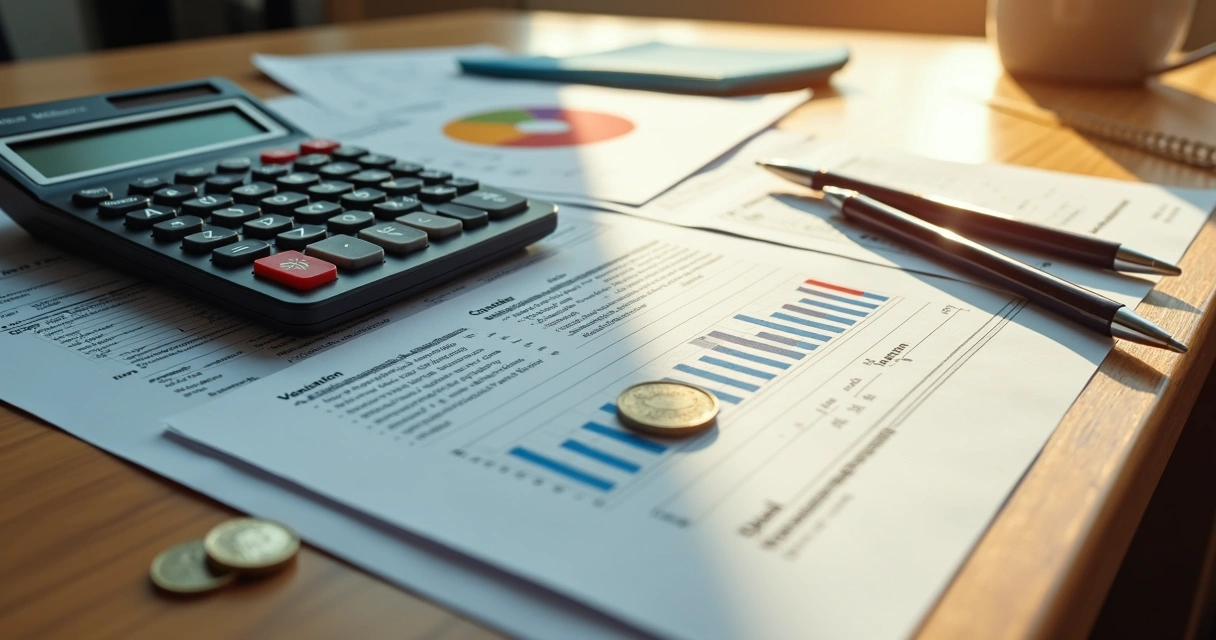 Calculadora e papéis financeiros sobre uma mesa de madeira