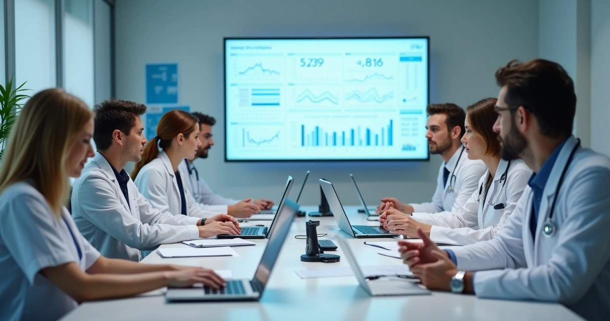 Médicos reunidos em uma sala analisando documentos fiscais e cálculos de pro labore