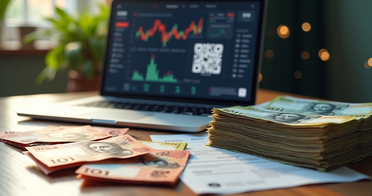 Cédulas de real, computador e documentos fiscais em mesa 