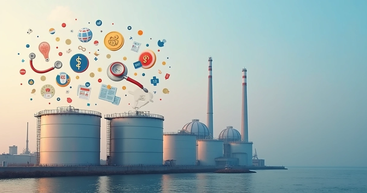 Ilustração ultra detalhada de tanques de combustíveis com ícones de moedas e gráficos, ao lado de símbolos relacionados a planos de saúde, como estetoscópio e documentos fiscais, sobre fundo neutro sofisticado 