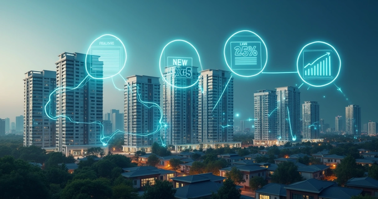 Ilustração realista de prédios comerciais e residenciais com ícones de impostos e gráficos financeiros sobrepostos 