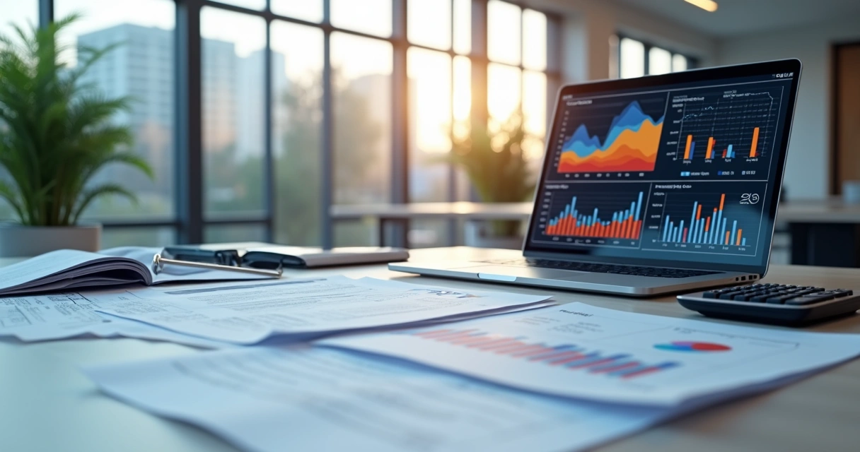 Mesa clara com documentos fiscais, calculadora e computador mostrando gráficos de importação e exportação, cenário de escritório moderno 