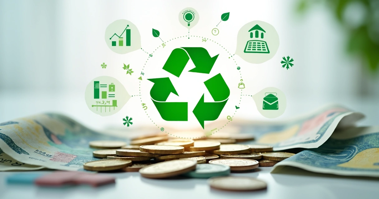 Cédulas e moedas com símbolo de reciclagem ao centro e gráficos de impostos