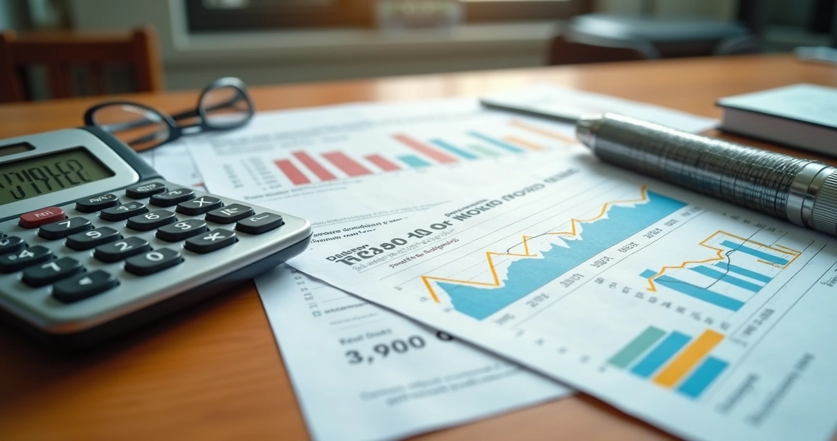 Ilustração detalhada de documentos fiscais, calculadora, e gráficos tributários em mesa de madeira clara 