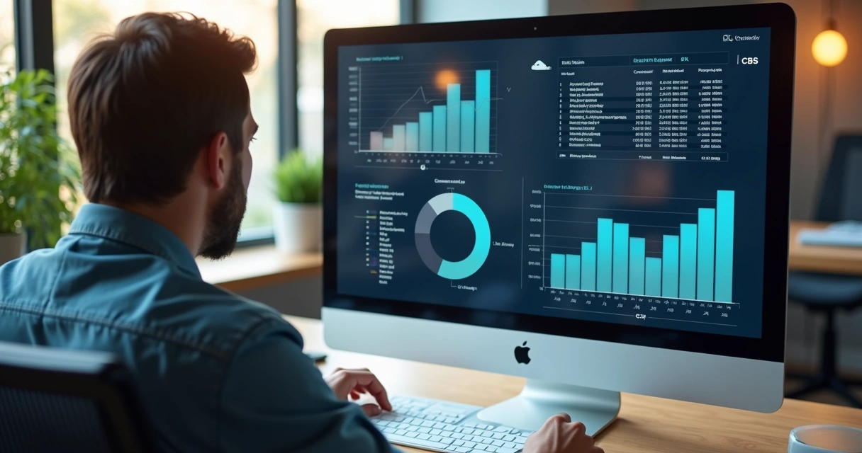 Homem analisando documentos fiscais em uma mesa com computador e gráficos digitais ao fundo 
