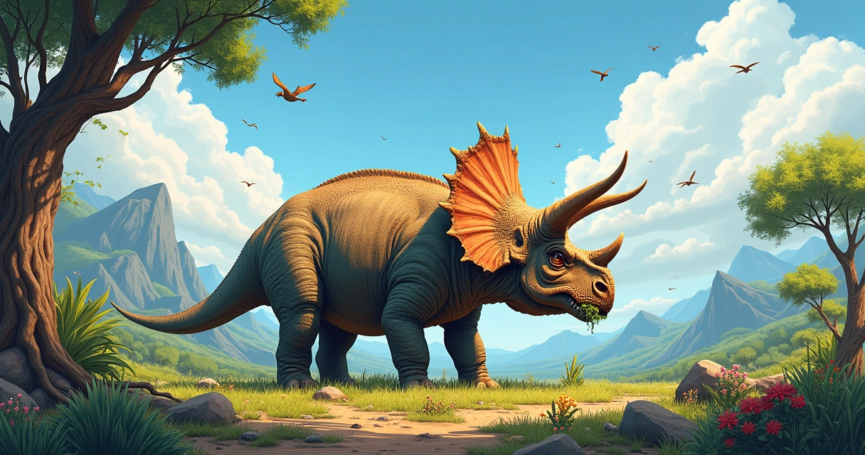 Triceratops pastando em um ambiente pré-histórico com folhas verdes e gramíneas ao redor.