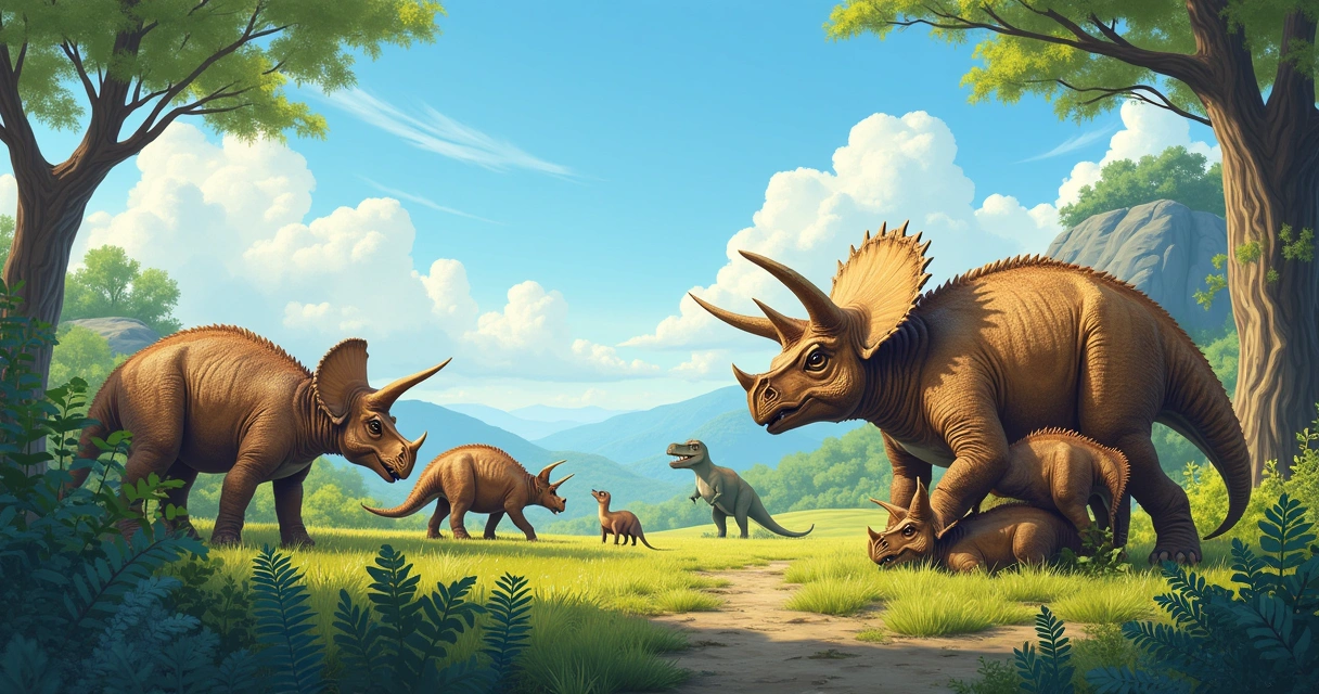 Grupo de Triceratops interagindo em um ambiente pré-histórico, com fiéis cuidados com os filhotes e alertas a predadores.