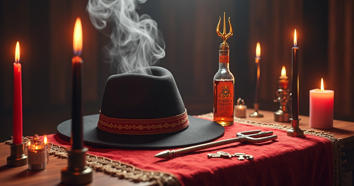 Tridente, chaves e cores vibrantes de Tranca Rua ao lado de velas e elementos de proteção 