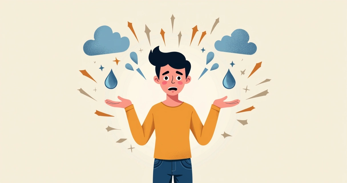 Illustration showing a person reacting to a situation with an emotional response, surrounded by symbols of thoughts, emotions, and actions