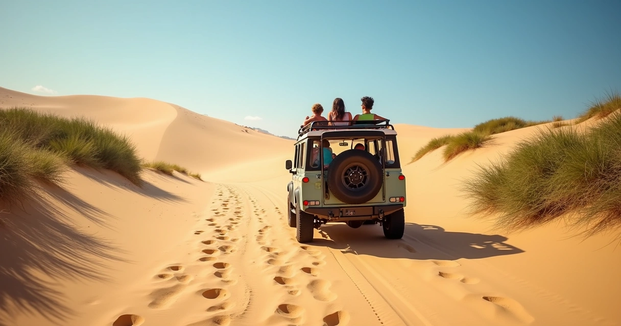Veículo 4x4 transportando turistas em trilha de areia nas dunas de Jericoacoara