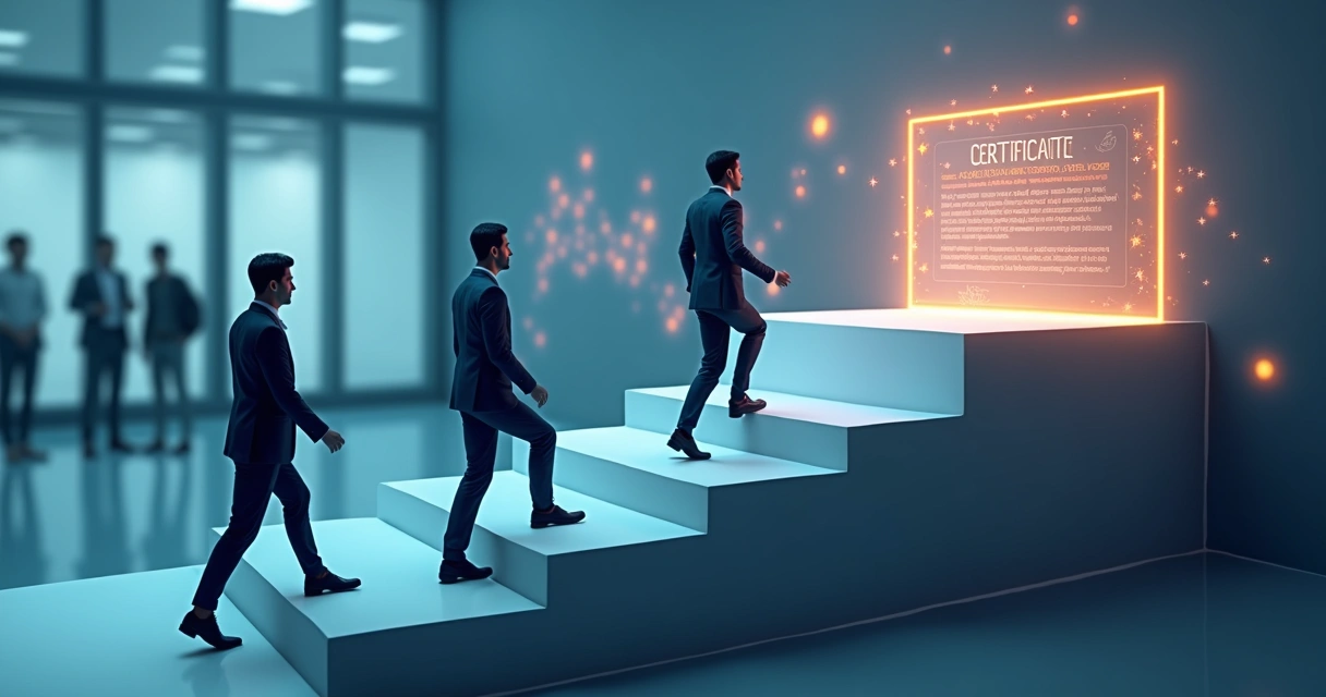 Ilustração de colaboradores organizados em uma trilha de aprendizado 