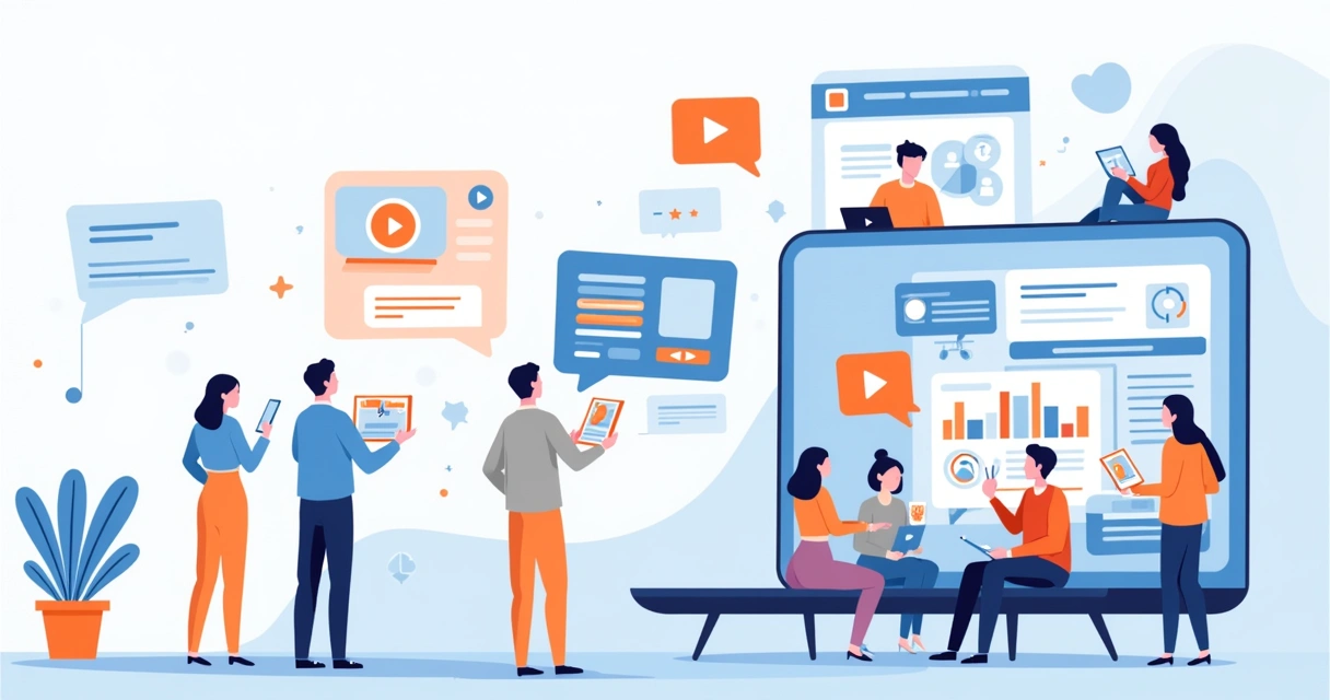 Trilha de aprendizado digital com ícones de cursos e pessoas interagindo 