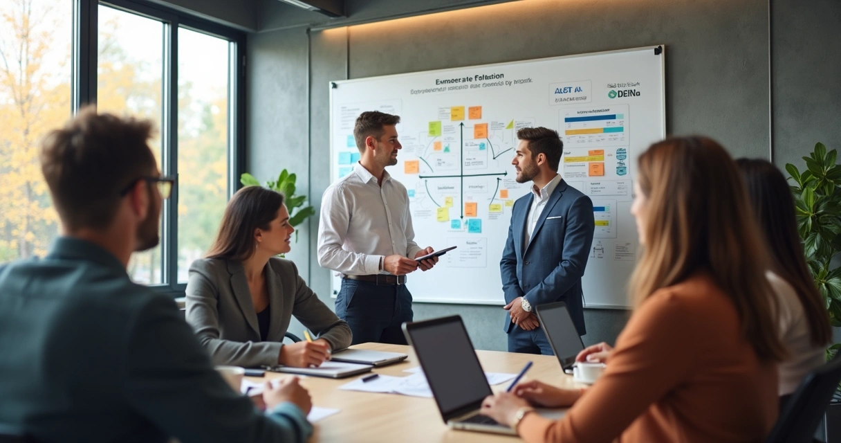 Equipe em oficina com painel de trilha de aprendizado e colaboração