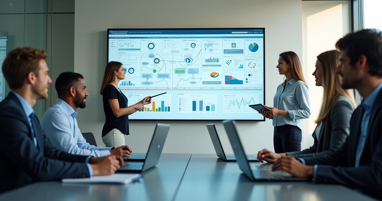 Equipe em empresa analisando trilha de aprendizagem exibida em tela gigante 