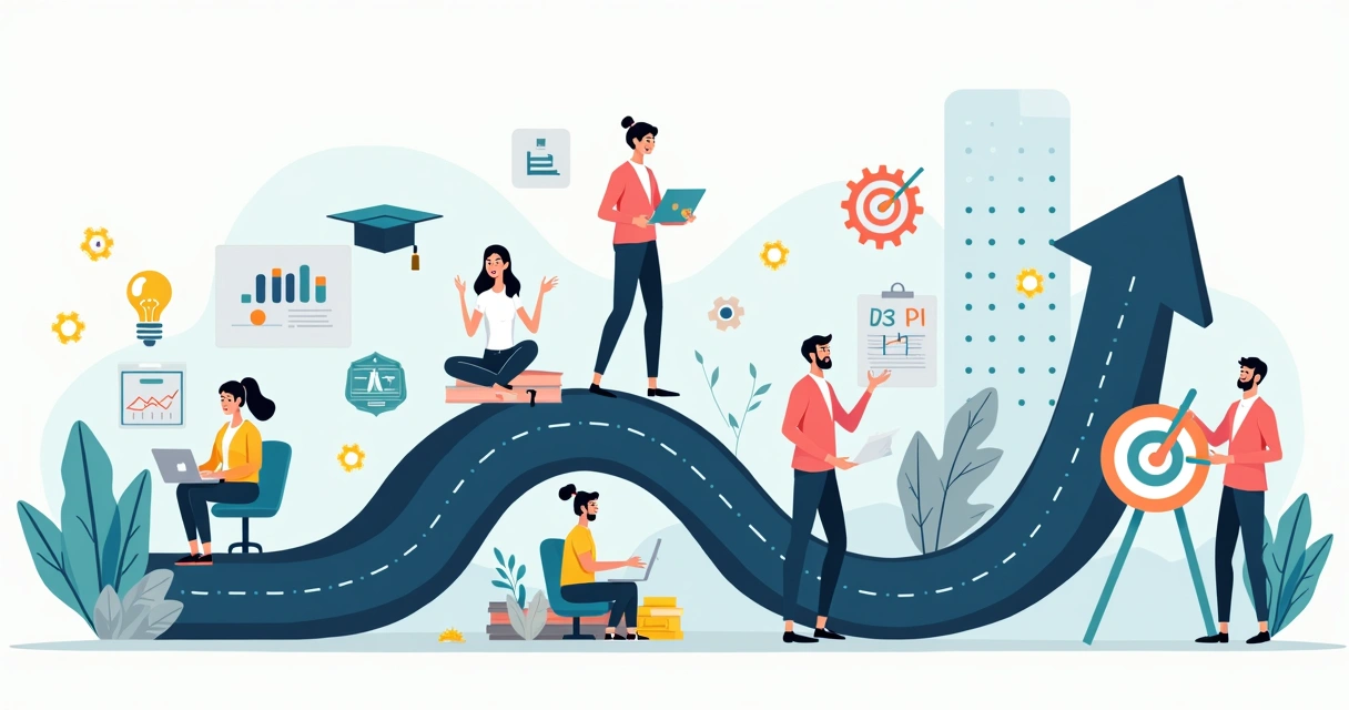 Ilustração de jovens profissionais seguindo trilha de aprendizagem corporativa com ícones de teoria e prática 