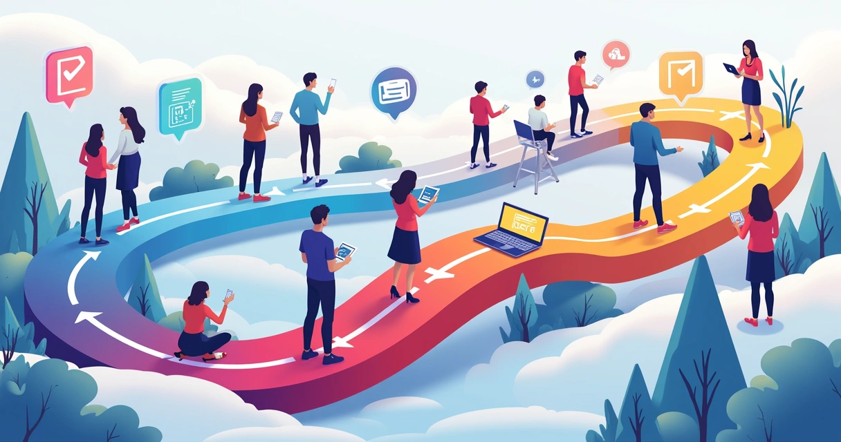 Ilustração colorida de uma trilha de aprendizagem digital, com alunos interagindo em diferentes pontos