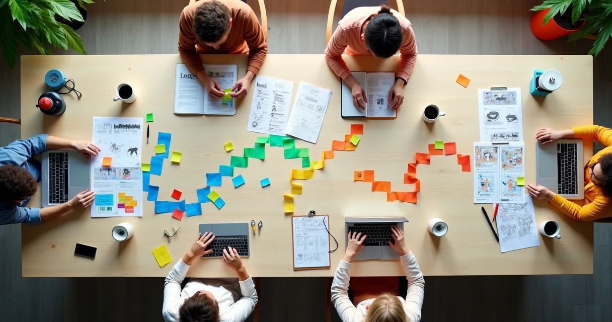 Visão superior de mesa compartilhada com trajetórias de aprendizagem distintas para diferentes profissionais 