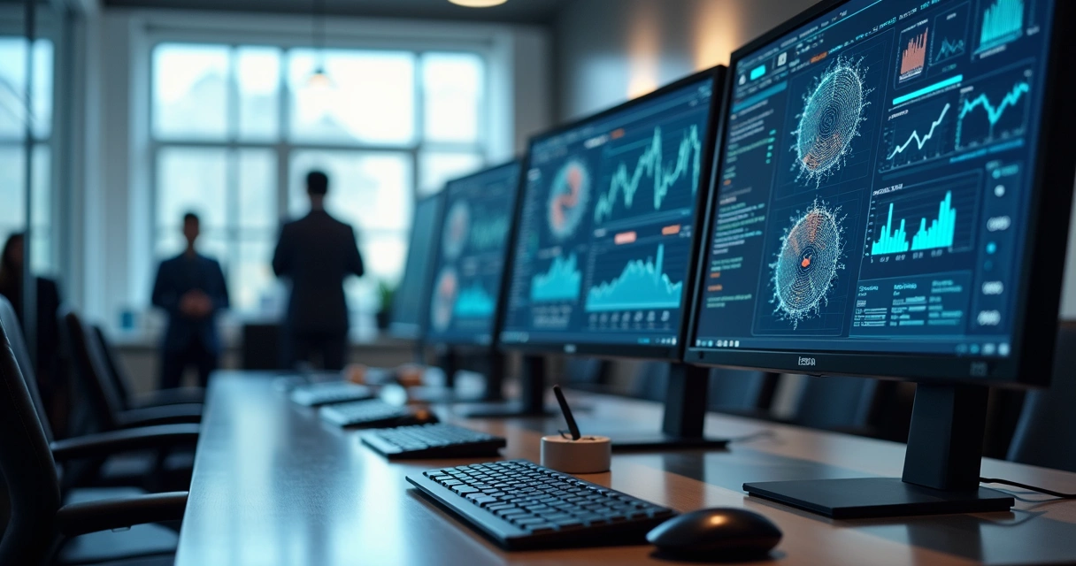 Computadores com múltiplas telas exibindo dashboards de auditoria e gráficos de compliance em ambiente corporativo moderno 
