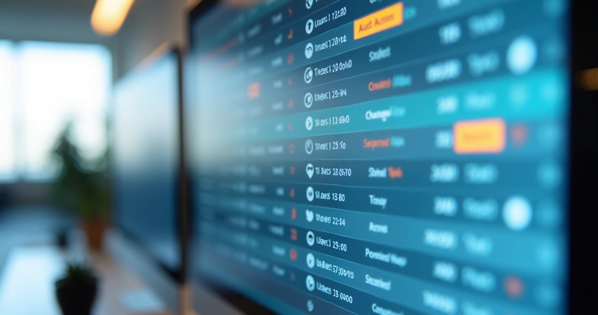 Tela digital com lista de logs de auditoria visíveis