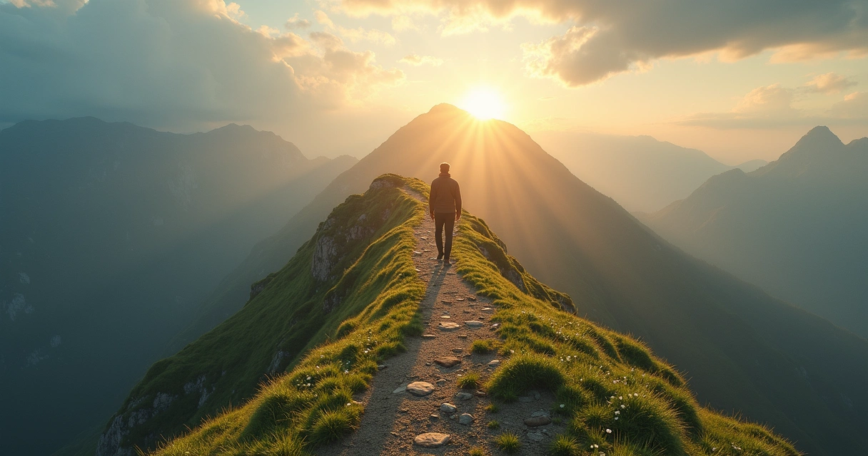 Pessoa caminhando sozinha em trilha em direção ao topo da montanha 