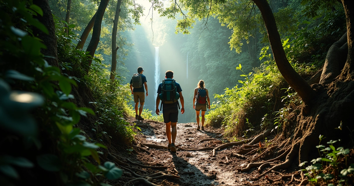 Grupo percorrendo trilha desafiadora em floresta fechada próxima a cachoeira em Ilhéus 