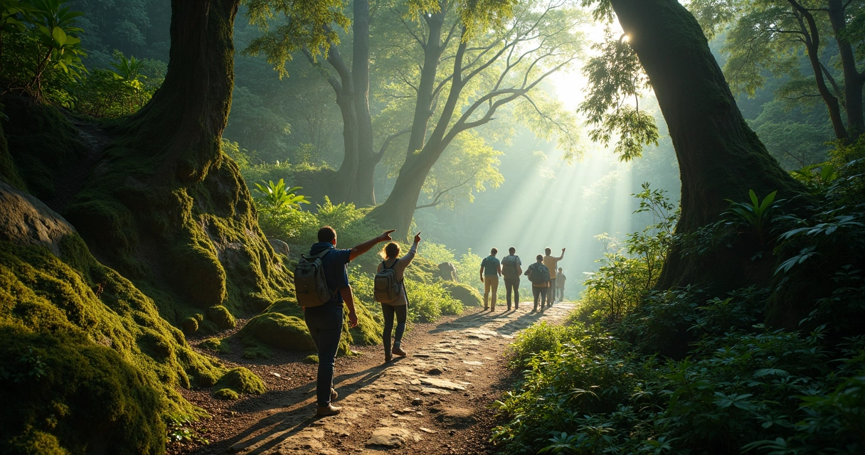 Turistas em trilha na floresta de Príncipe 