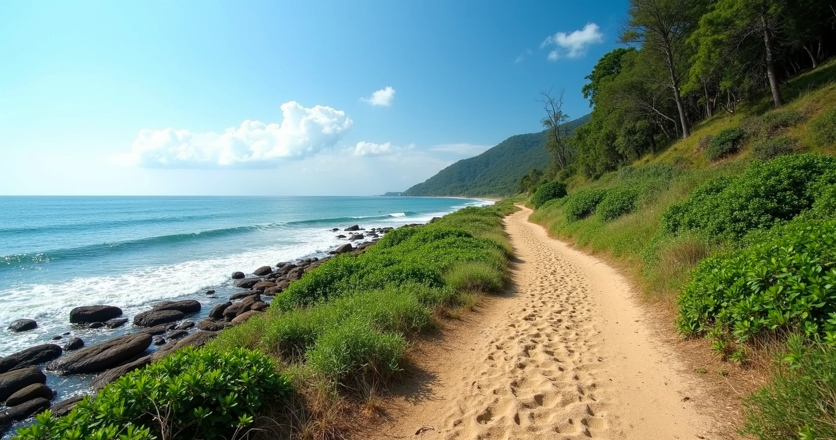 Trilha costeira, natureza, mar à esquerda, vegetação de mata atlântica à direita, céu azul e pedras espalhadas