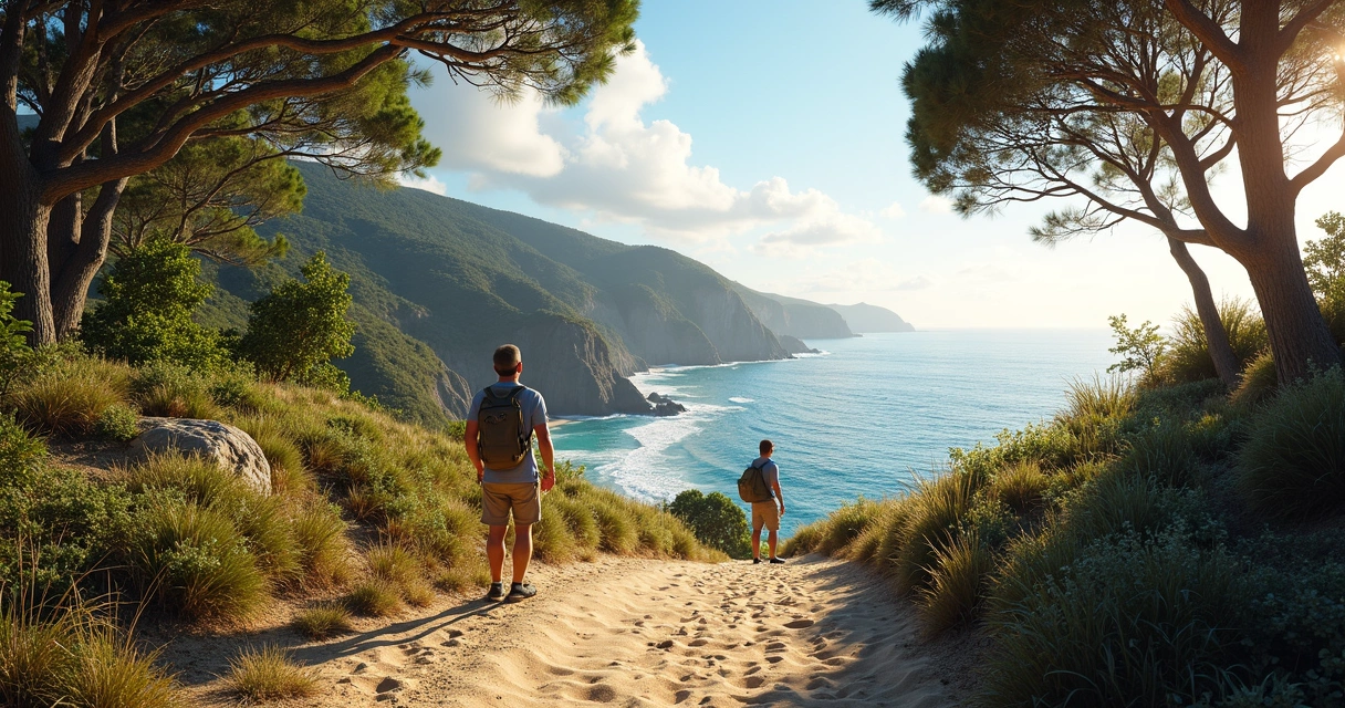 Trilha ecológica com vista para o mar e vegetação nativa 