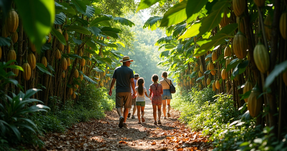 Grupo de pessoas caminhando entre pés de cacau em floresta baiana 