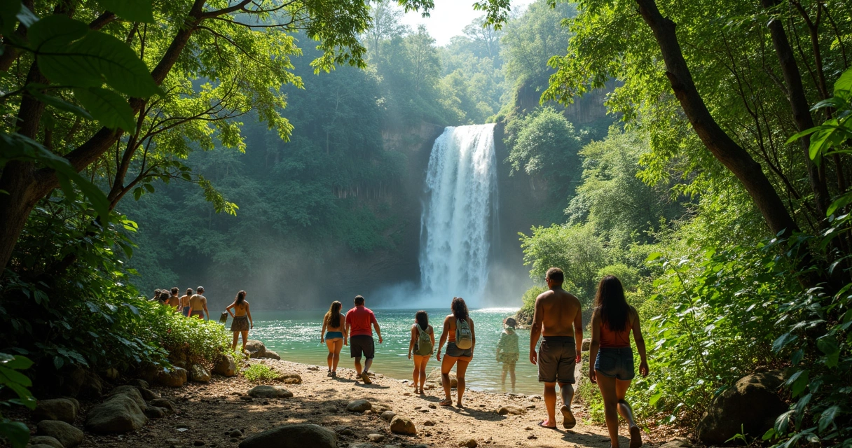 Trilha em mata atlântica com cachoeira e grupo de turistas em Ilhéus 