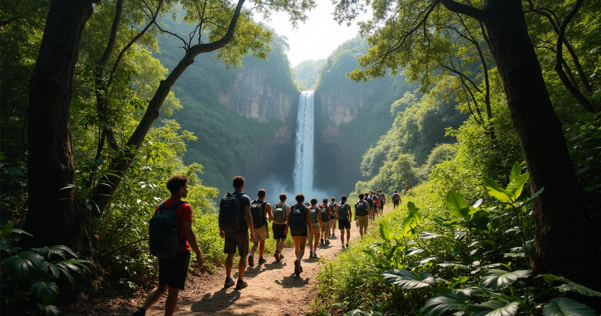 Grupo de pessoas em trilha até cachoeira na natureza 