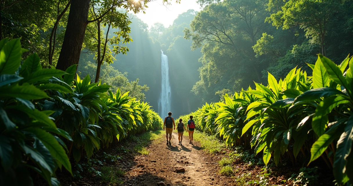 Trilha na mata cercando cacau com cachoeira ao fundo 