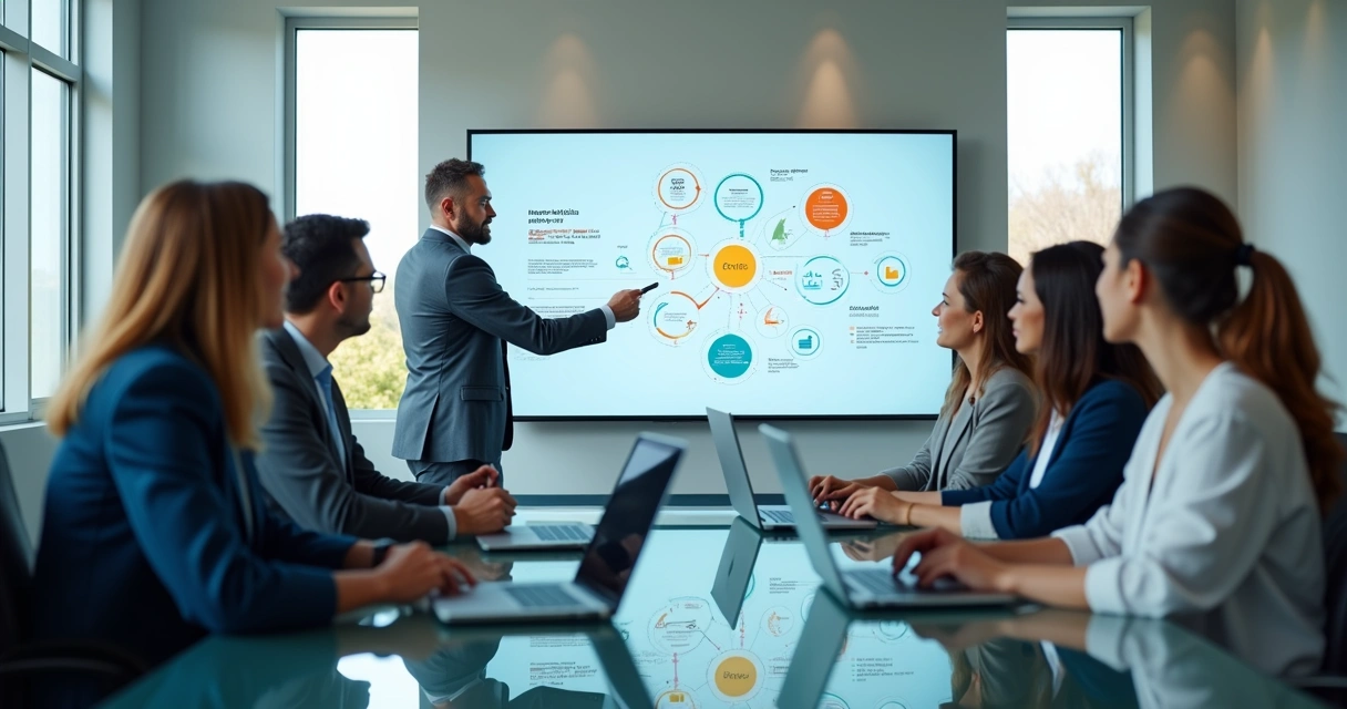 Equipe corporativa analisando trilha de capacitação em tela gigante 