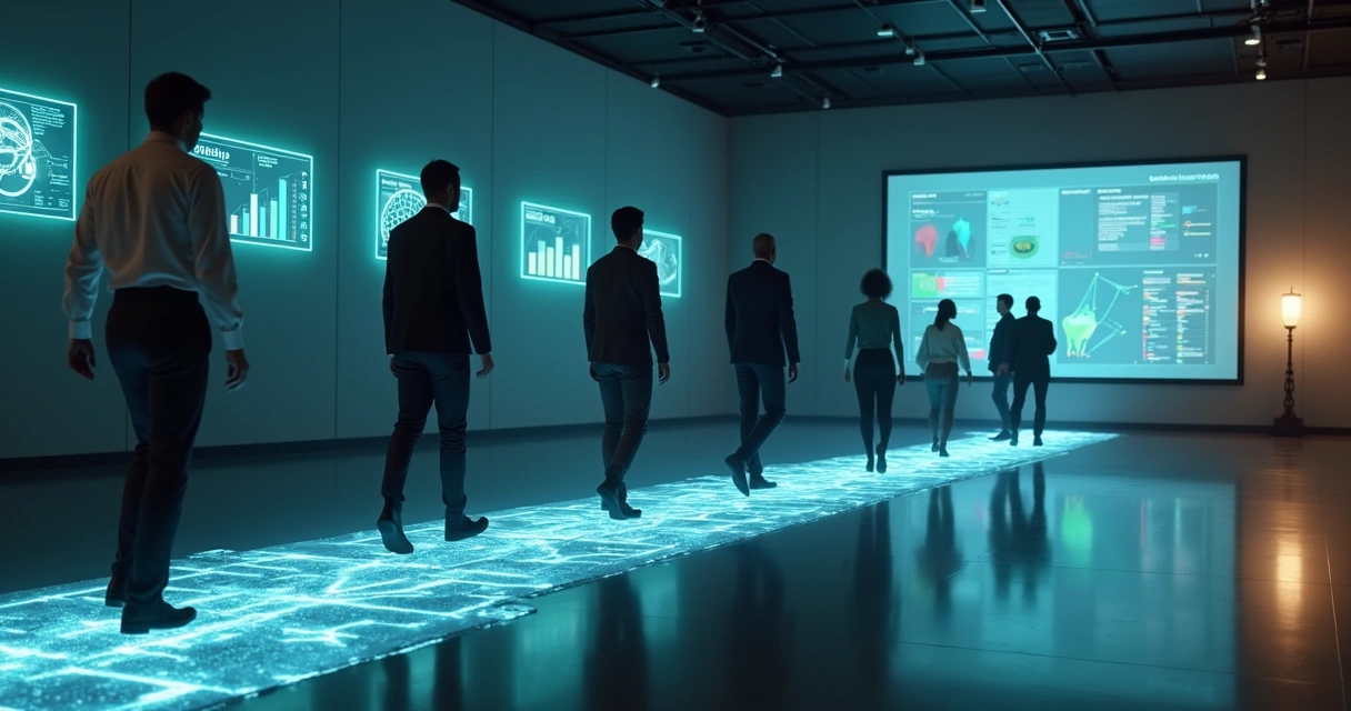 Sala de treinamento com trajetória em forma de trilha digital para capacitação em vendas com IA 