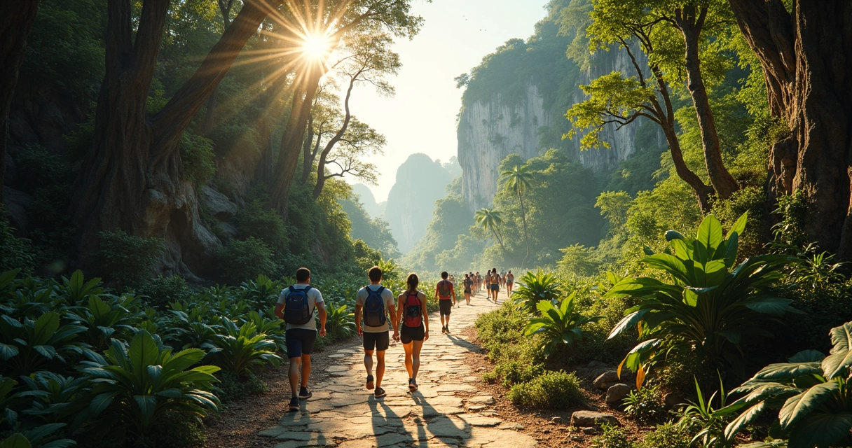 Caminho na trilha para a caverna entre rochas e vegetação