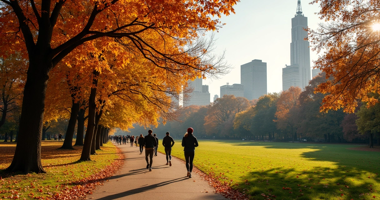 Trilha em Central Park no outono, folhas douradas 