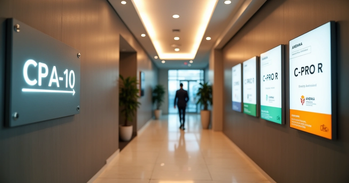 Corredor de centro de provas com painéis das novas certificações ANBIMA 