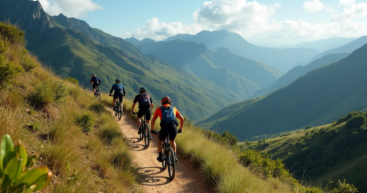 Ciclistas andando em trilha de terra entre montanhas da Serra do Cipó 