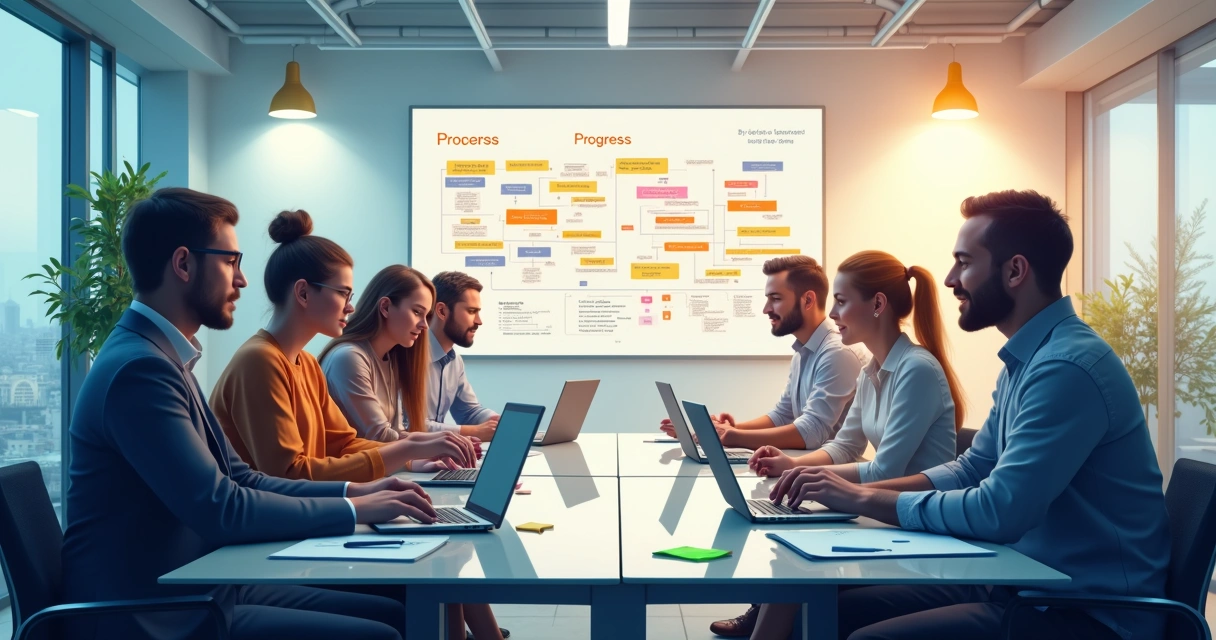 Colaboradores em trilha de aprendizado discutindo conteúdos em ambiente moderno 