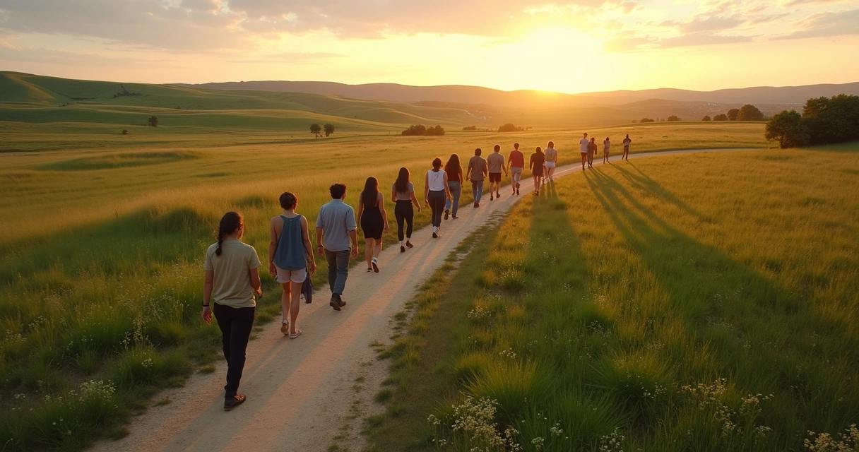 Grupo caminhando em trilha formando símbolo coletivo visto de cima 