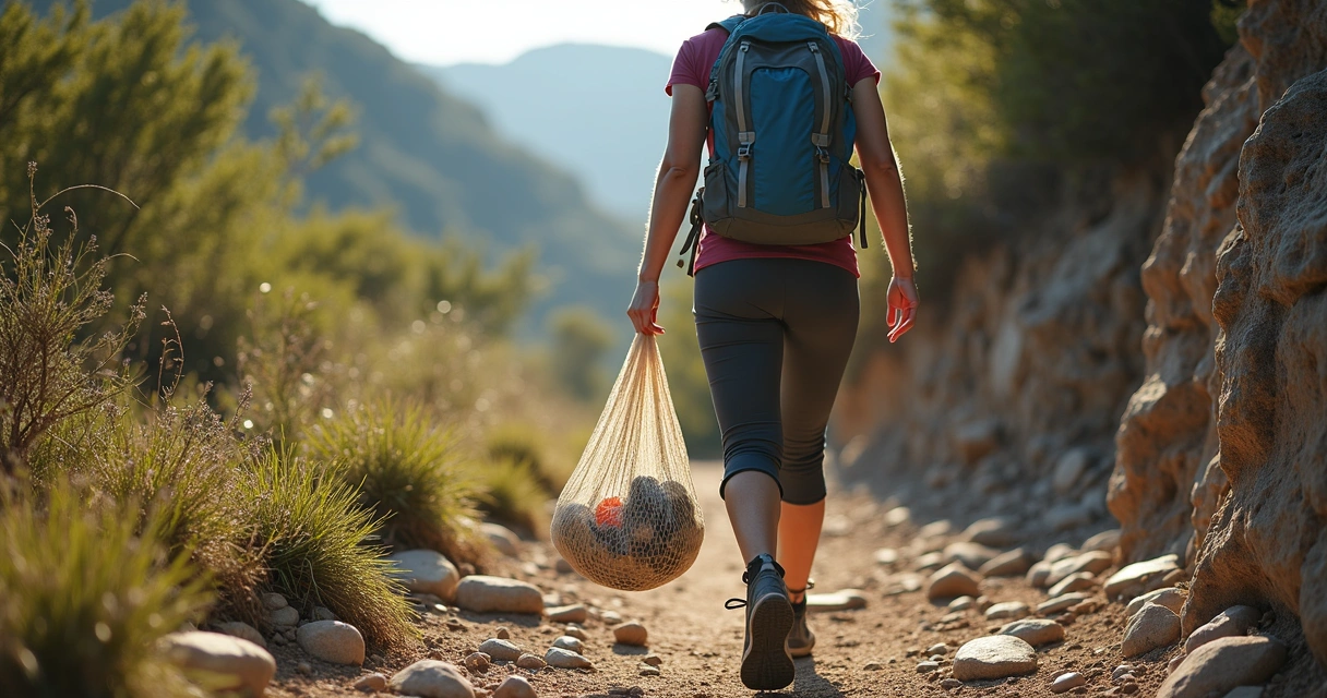 Pessoa caminhando em trilha da Chapada Diamantina carregando lixo em sacola reutilizável 
