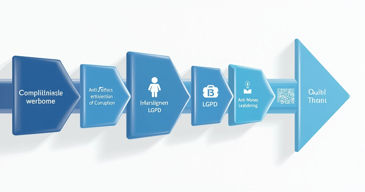 Fluxo visual de uma trilha digital de compliance, mostrando módulos, quizzes e certificado 
