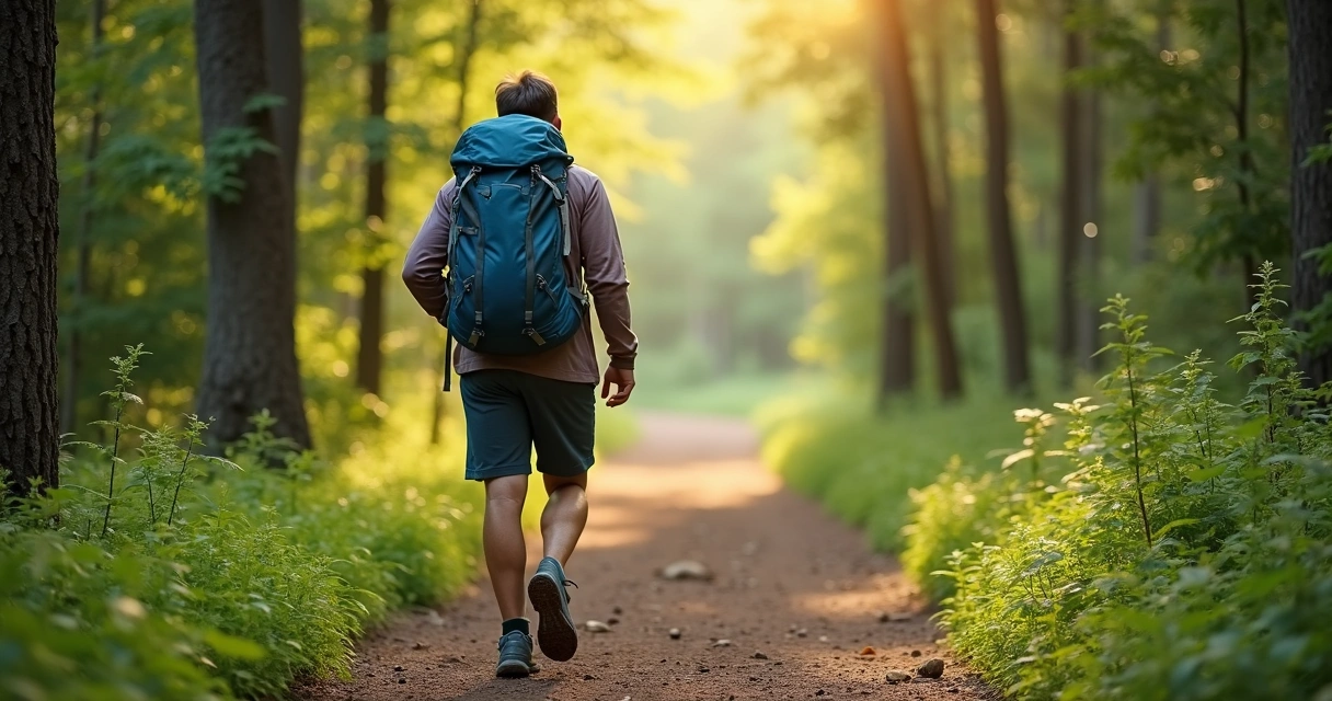 Pessoa caminhando por trilha em meio à natureza, cercada de vegetação verde, com mochila técnica e roupas confortáveis 