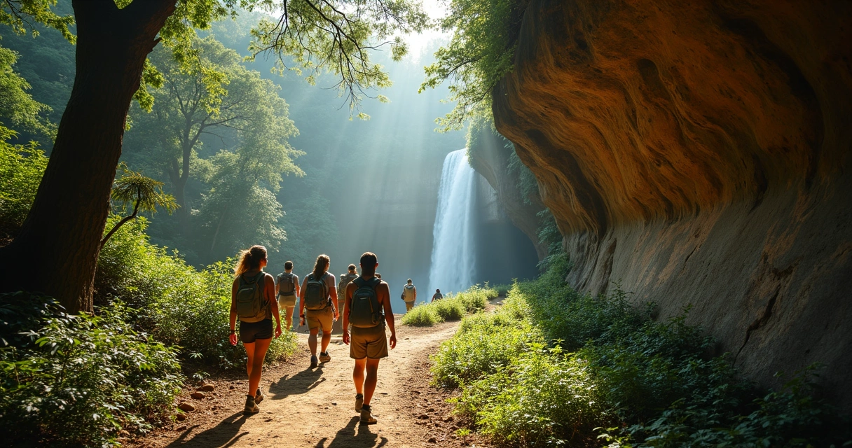 Grupo fazendo trilha em mata preservada do sul da Bahia, ao fundo cachoeira e árvores altas 