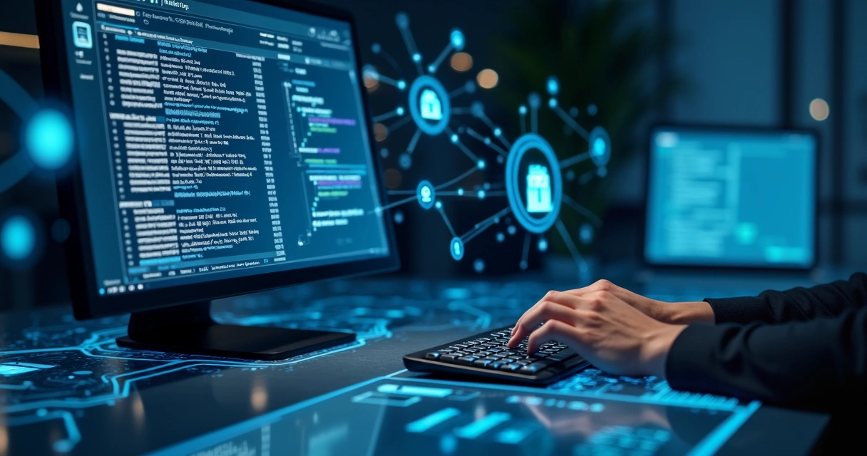 Tela de computador exibindo painel com trilha de auditoria detalhada e gráficos de dados em fundo tecnológico 