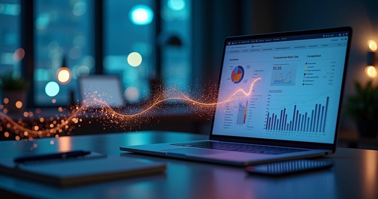 Trilha colorida de visitas digitais entrando em um painel de análise em laptop 