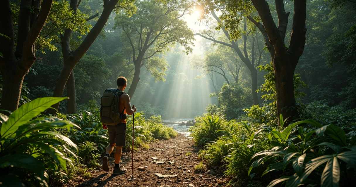 Caminhante em trilha cercada por árvores no Brasil 
