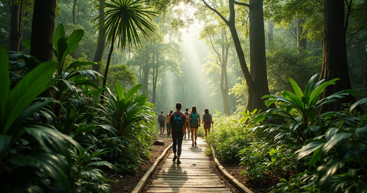 Turistas em trilha de ecoturismo na mata atlântica 